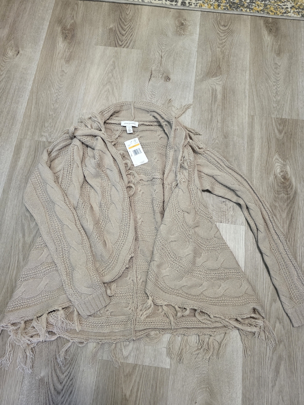 Vintage America Beige Cable Knit Fringe Open Cardigan